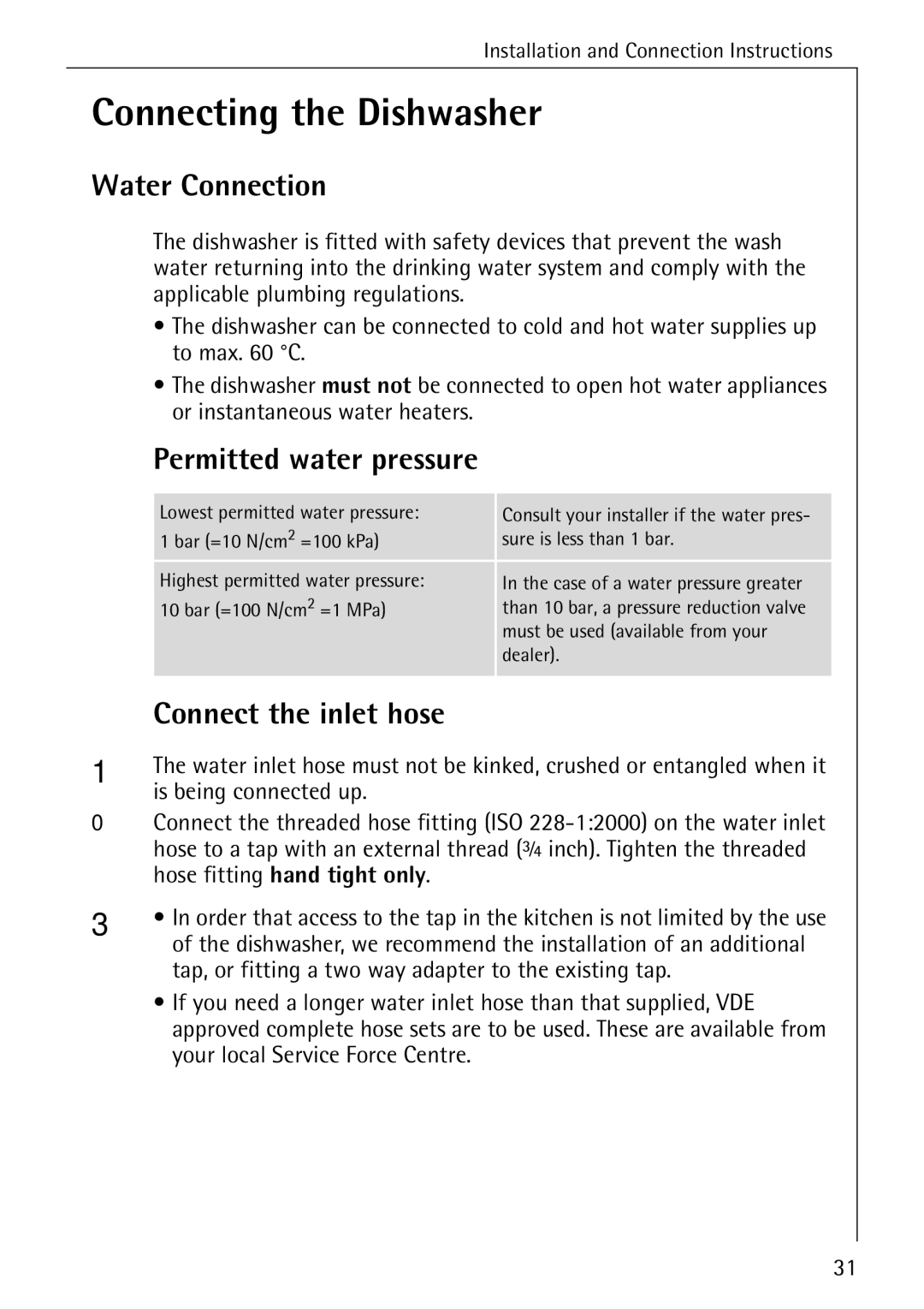 AEG 40360 I manual Connecting the Dishwasher, Water Connection, Permitted water pressure, Connect the inlet hose 