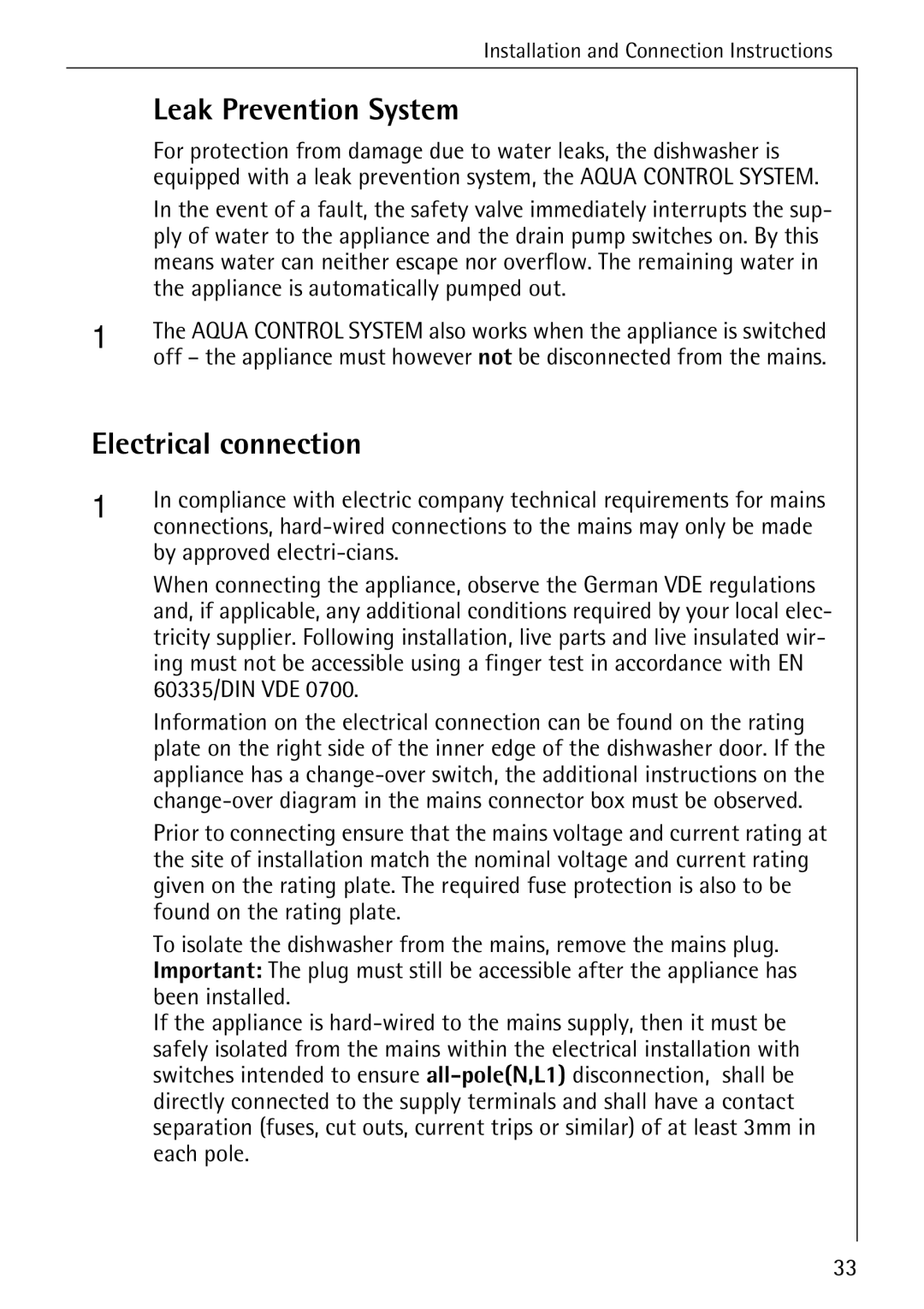 AEG 40360 I manual Leak Prevention System, Electrical connection, Appliance is automatically pumped out 