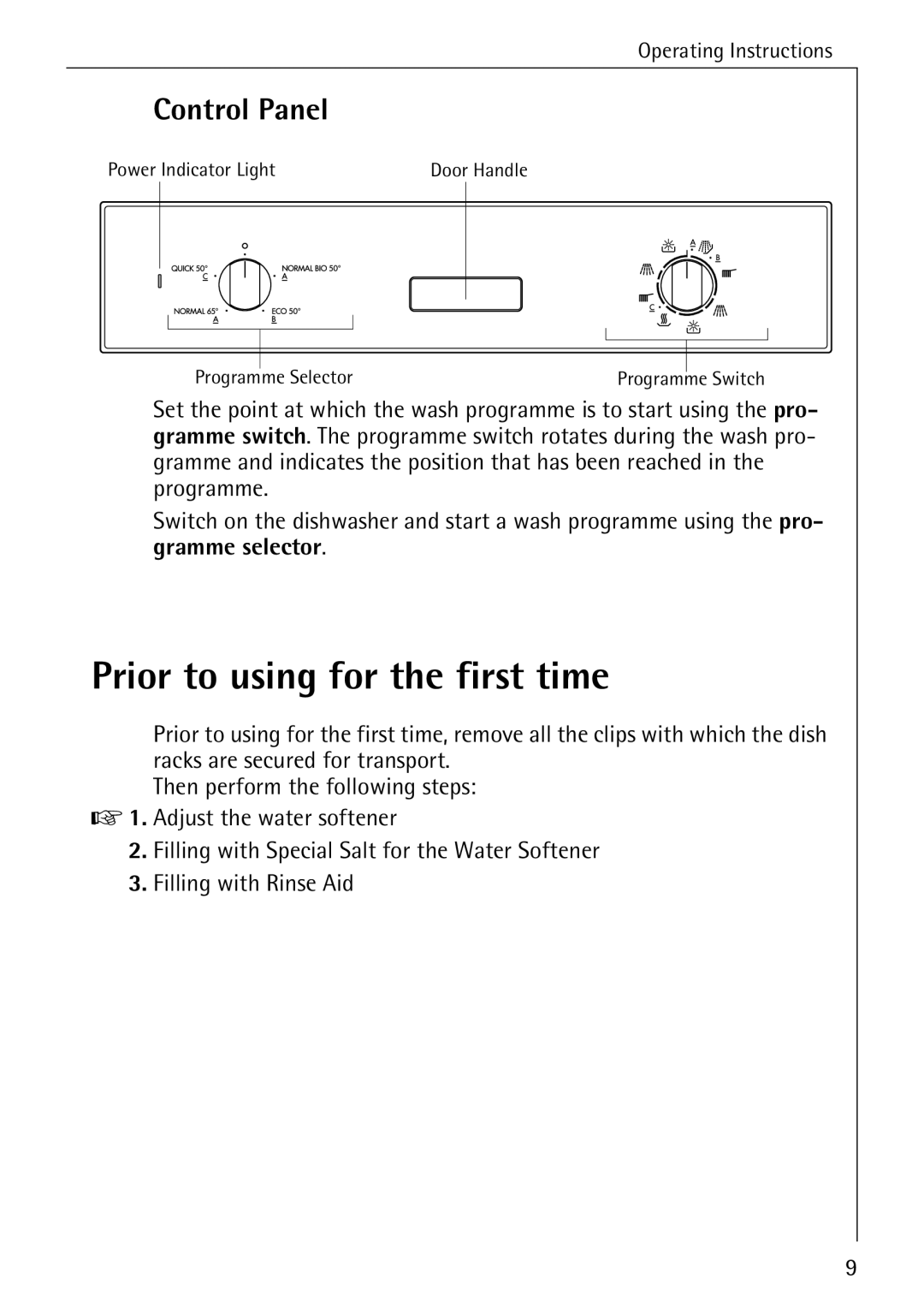 AEG 40360 I manual Prior to using for the first time, Control Panel 