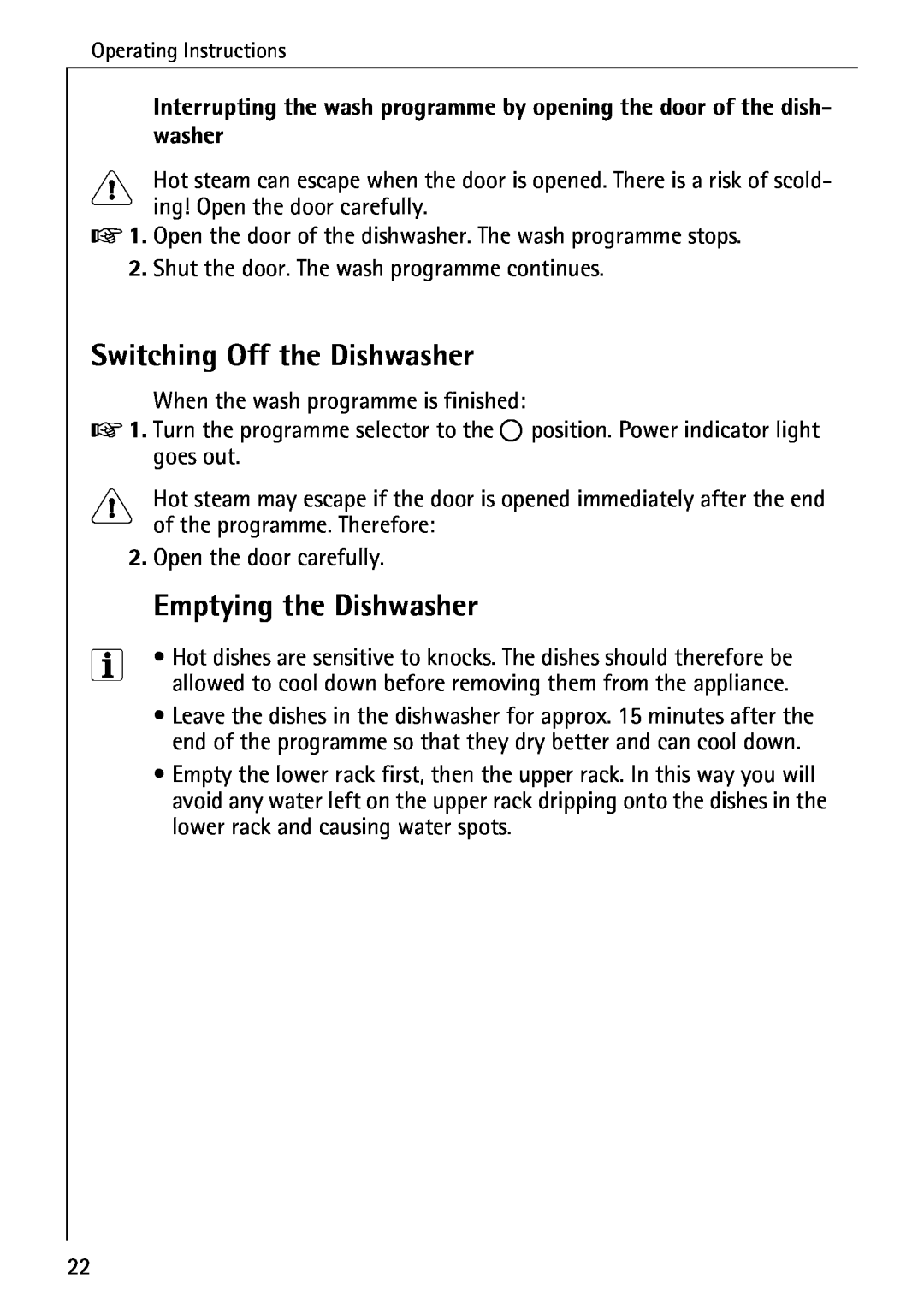 AEG 40360 I manual Switching Off the Dishwasher, Emptying the Dishwasher 