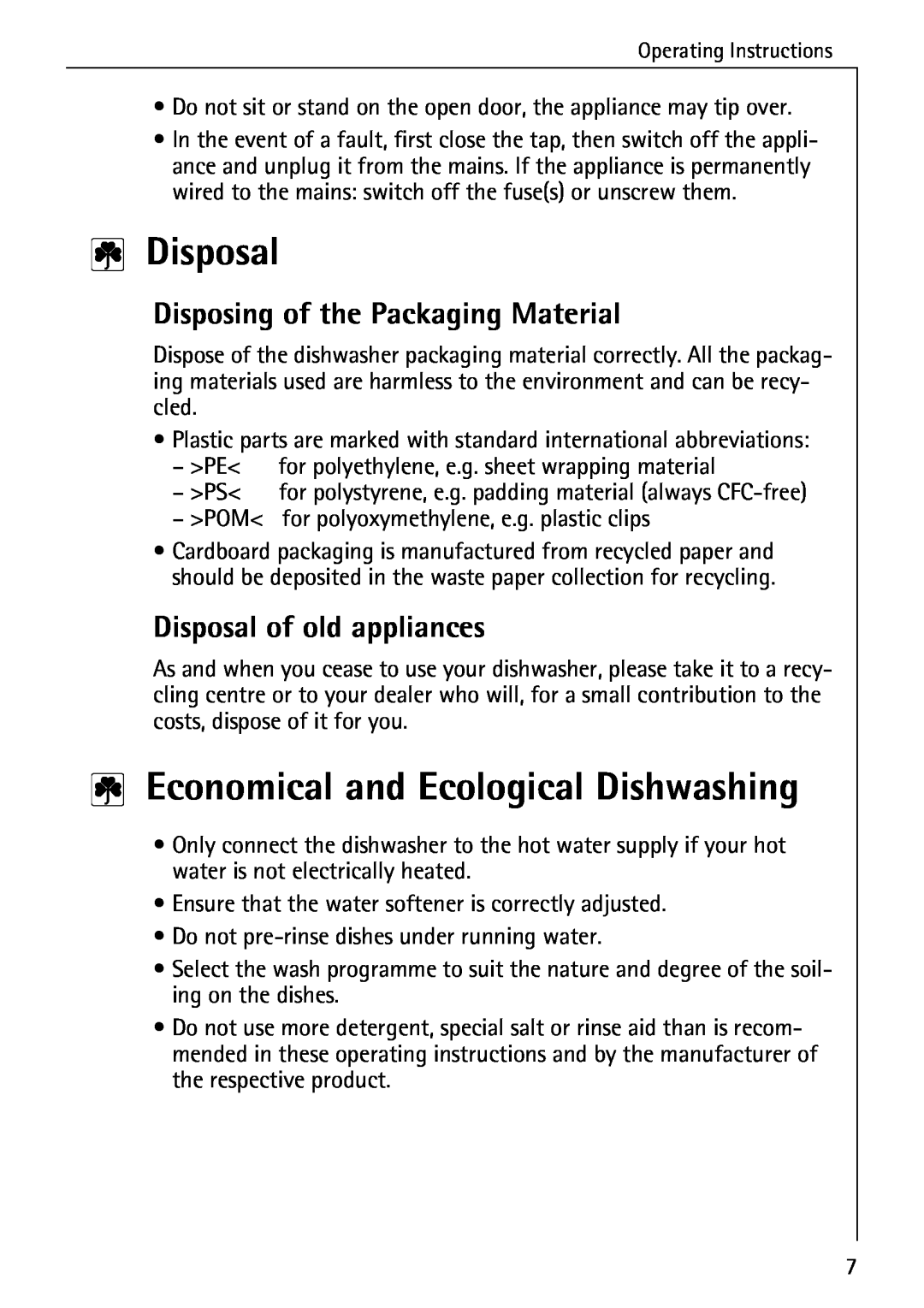 AEG 40360 I manual 2Disposal, 2Economical and Ecological Dishwashing, Disposing of the Packaging Material 