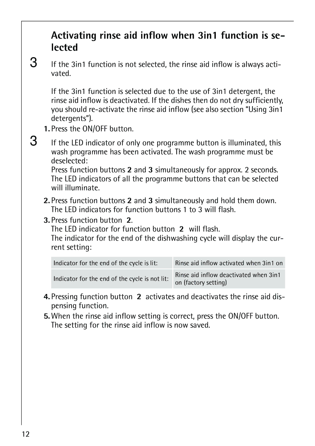 AEG 40660 manual Activating rinse aid inflow when 3in1 function is se- lected 