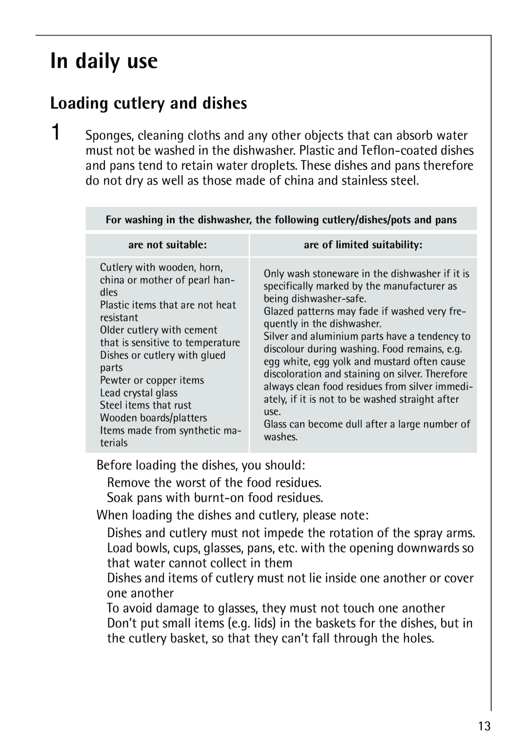 AEG 40660 manual Daily use, Loading cutlery and dishes 