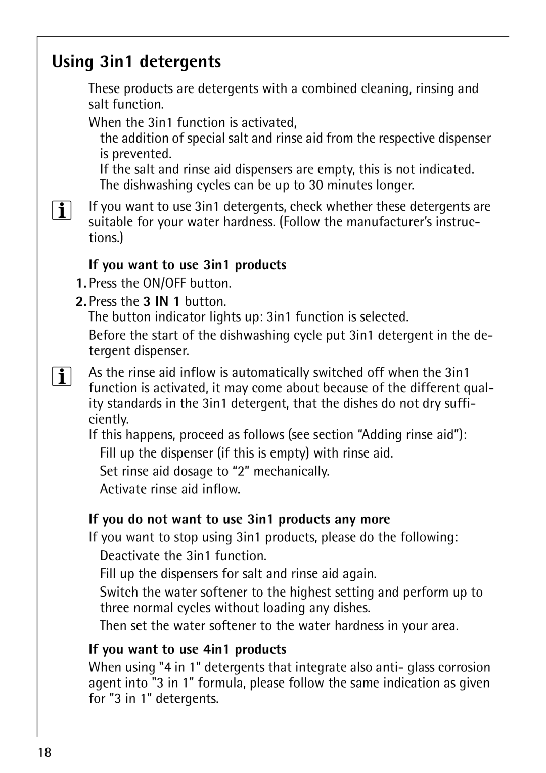 AEG 40660 manual Using 3in1 detergents, If you want to use 3in1 products, If you do not want to use 3in1 products any more 