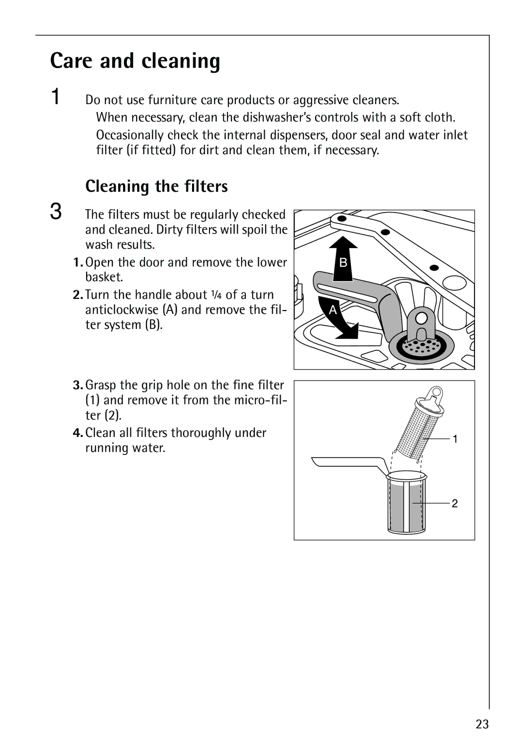 AEG 40660 manual Care and cleaning, Cleaning the filters 