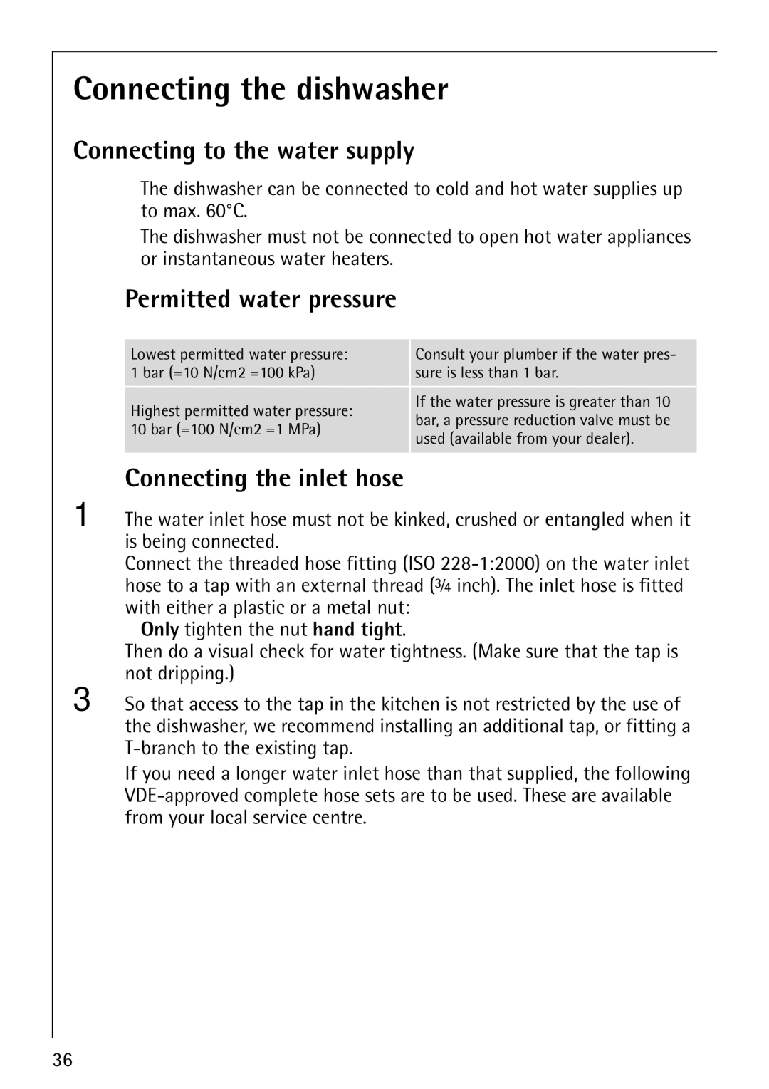 AEG 40660 Connecting the dishwasher, Connecting to the water supply, Permitted water pressure, Connecting the inlet hose 