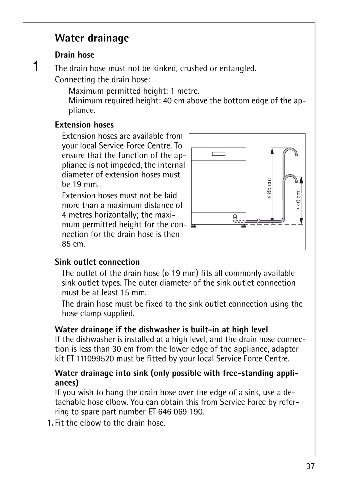 AEG 40660 manual Water drainage, Drain hose, Extension hoses, Sink outlet connection 