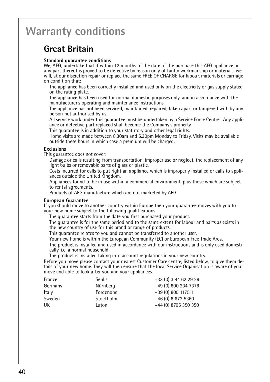 AEG 40660 manual Warranty conditions, Great Britain 