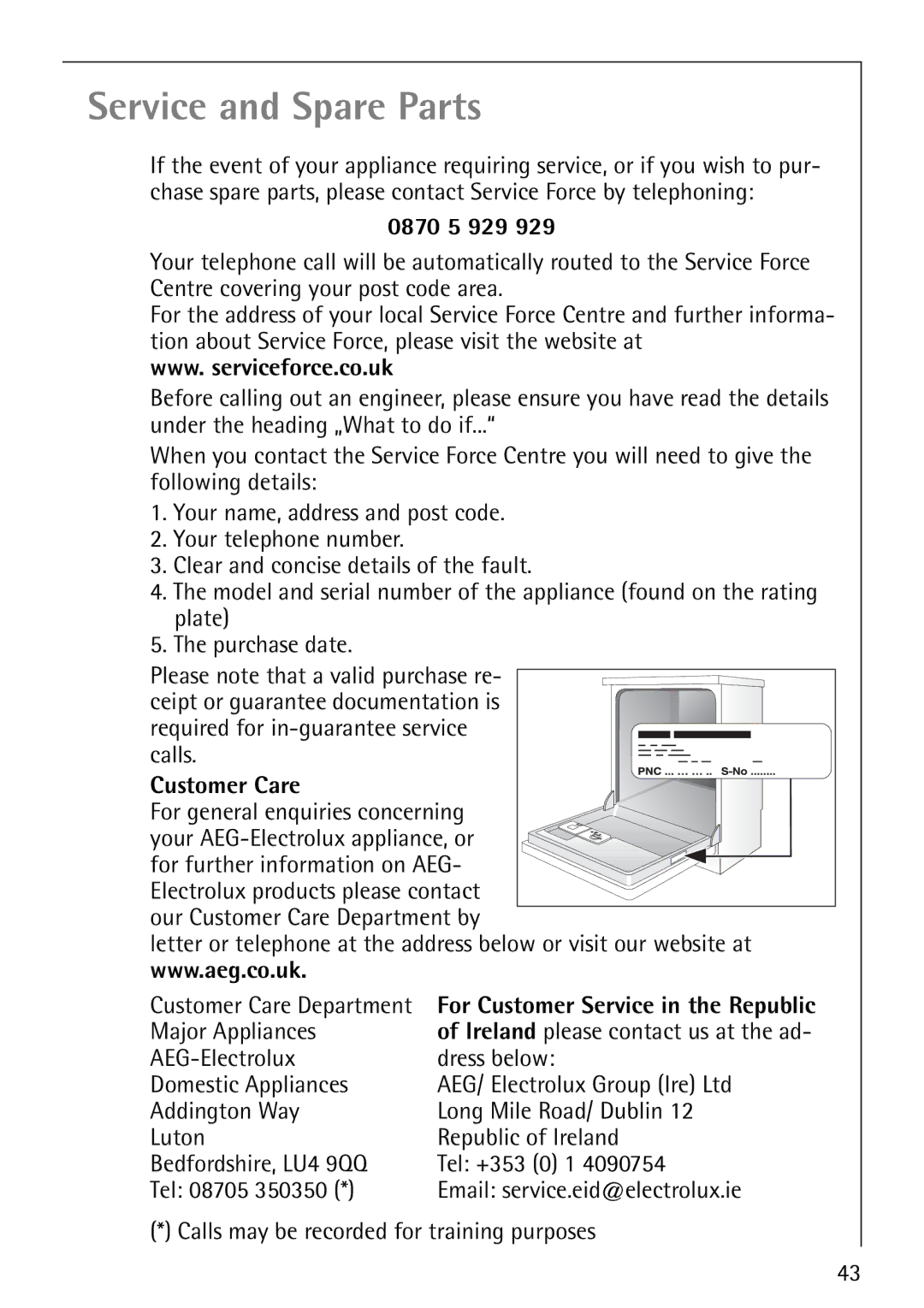 AEG 40660 manual 0870 5 929, Customer Care For general enquiries concerning 