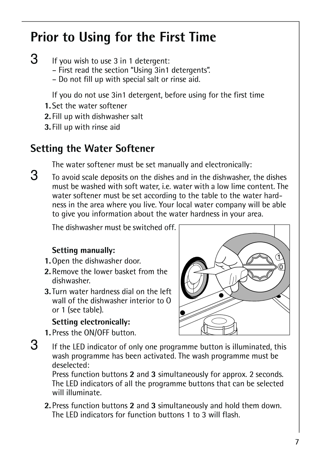 AEG 40660 Prior to Using for the First Time, Setting the Water Softener, Setting manually, Setting electronically 