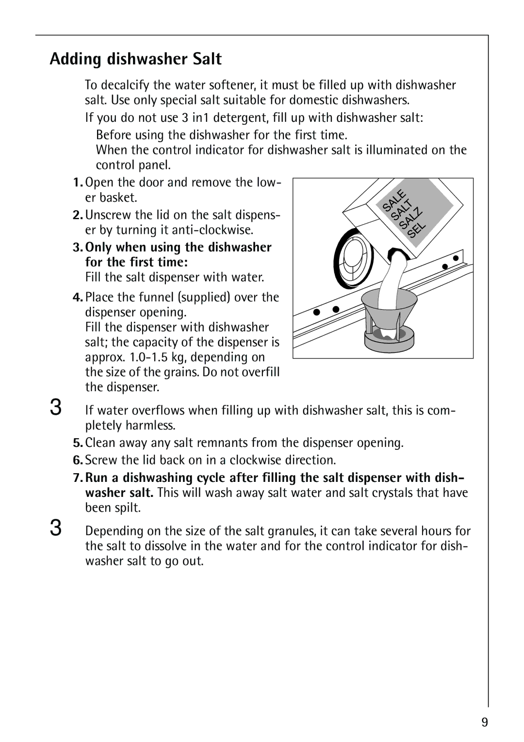 AEG 40660 manual Adding dishwasher Salt, Only when using the dishwasher for the first time 