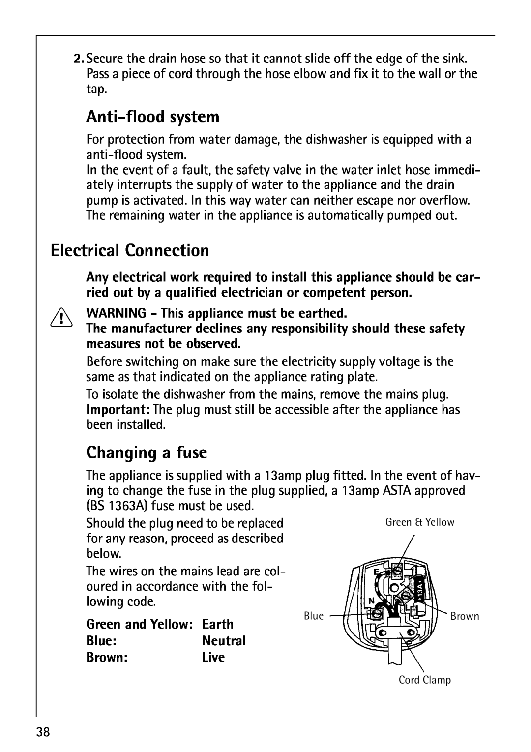 AEG 40660 manual Anti-floodsystem, Electrical Connection, Changing a fuse, WARNING - This appliance must be earthed 