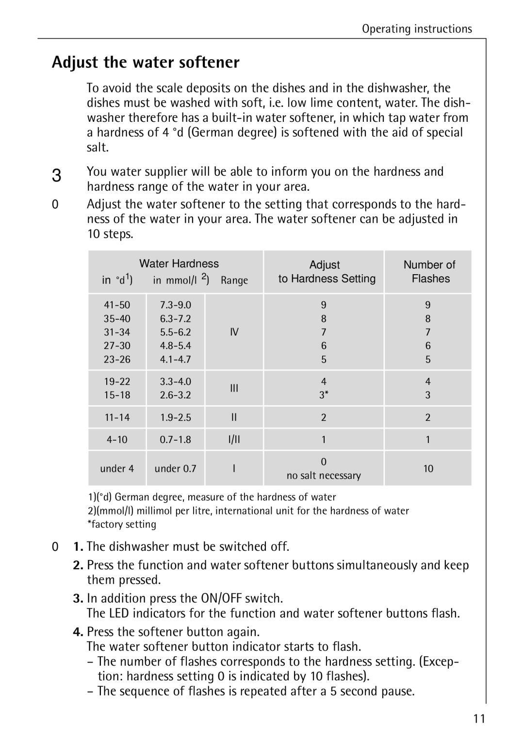 AEG 4070 manual Adjust the water softener, Salt, Hardness range of the water in your area, Adjust Number 