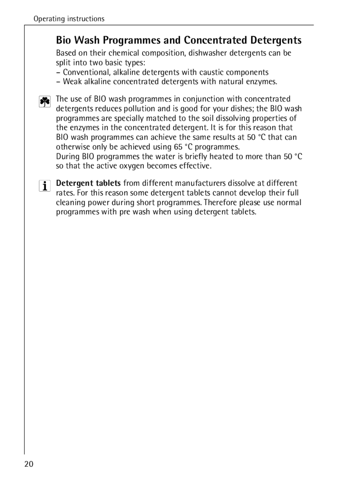 AEG 4070 manual Bio Wash Programmes and Concentrated Detergents 