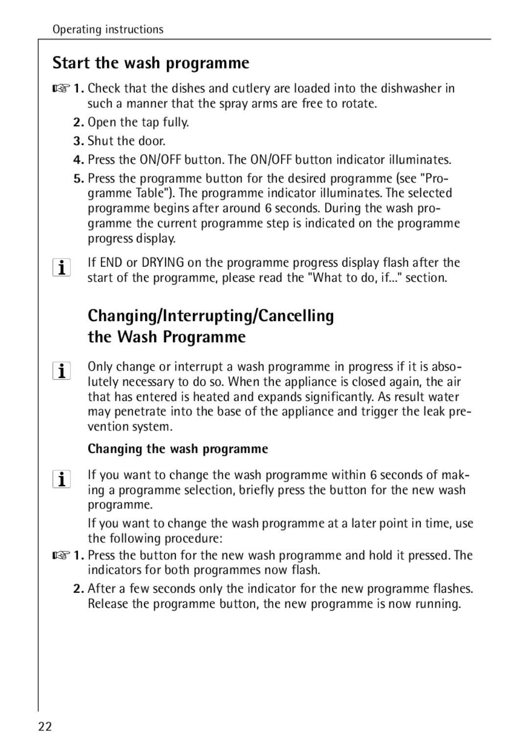 AEG 4070 manual Start the wash programme, Changing/Interrupting/Cancelling, Wash Programme, Changing the wash programme 
