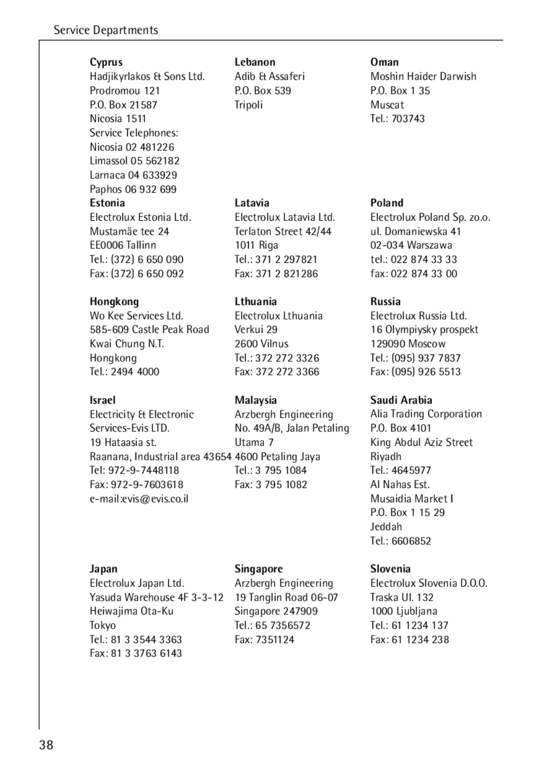 AEG 4070 manual Cyprus Lebanon Oman, Estonia Latavia Poland, Hongkong Lthuania Russia, Israel Malaysia Saudi Arabia 