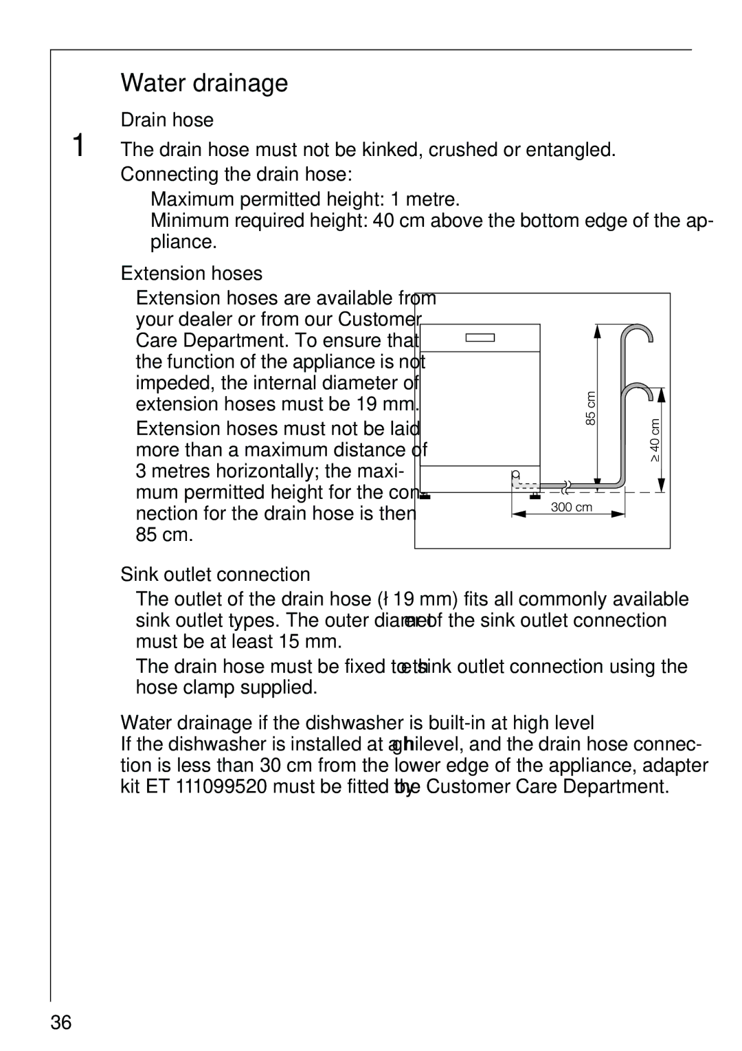 AEG 40730 manual Water drainage, Drain hose, Extension hoses, Sink outlet connection 