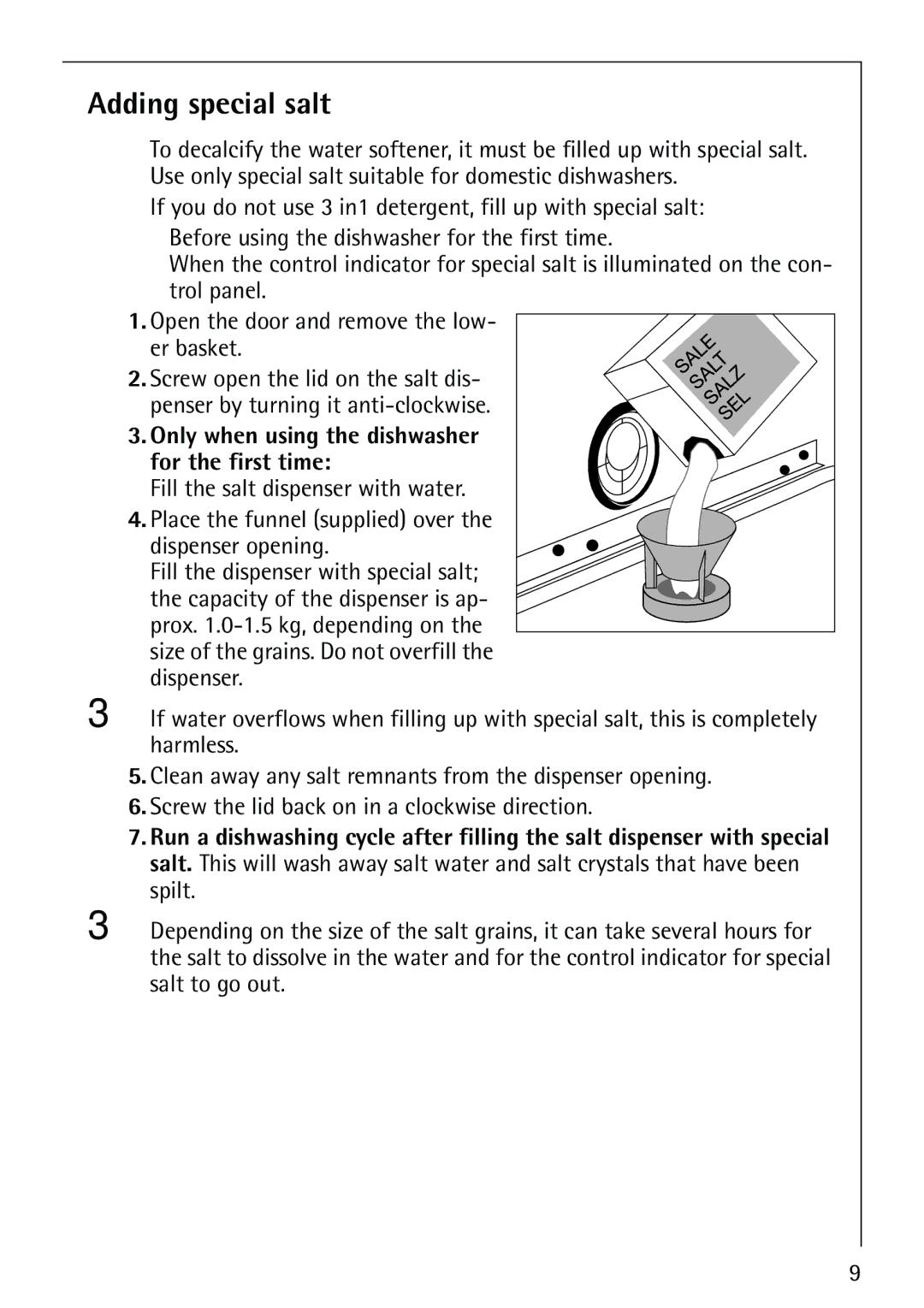 AEG 40730 manual Adding special salt, Only when using the dishwasher for the first time 