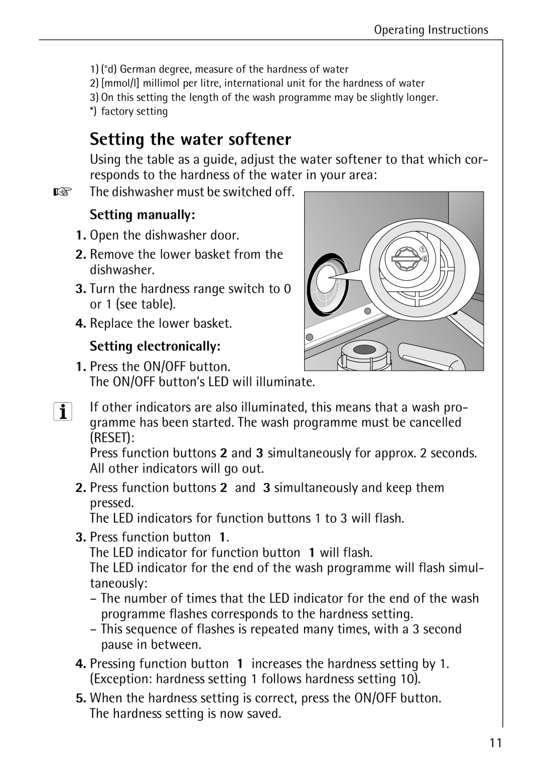 AEG 40740 Setting the water softener, Setting manually, Setting electronically, Press the ON/OFF button 