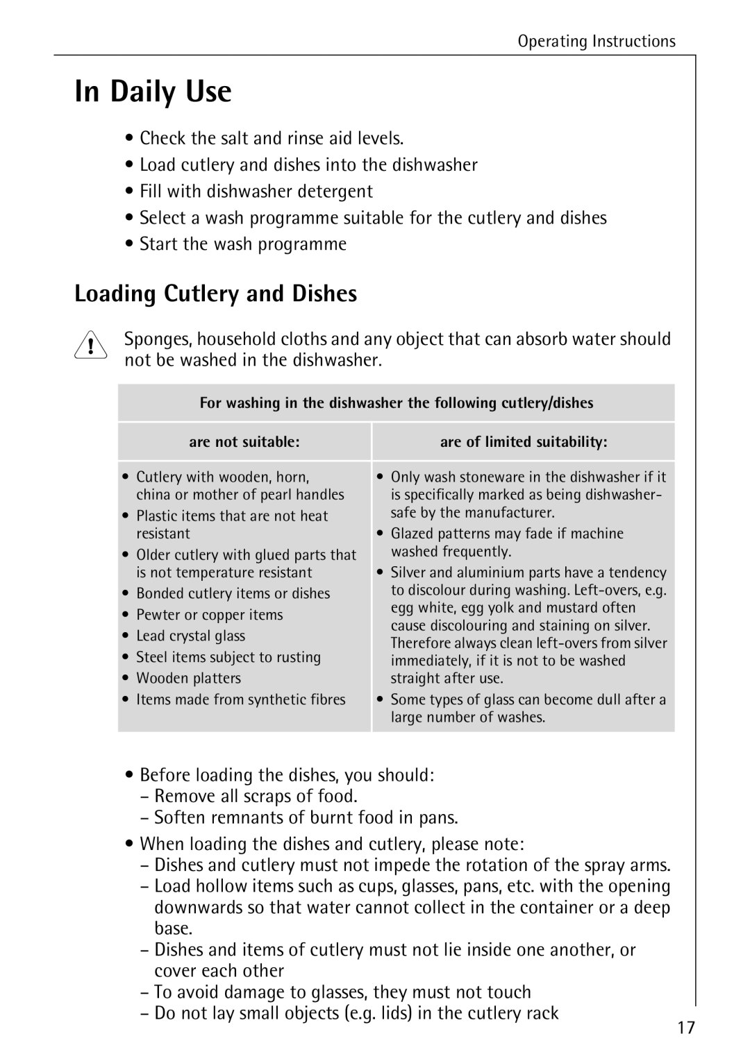 AEG 40740 manual Daily Use, Loading Cutlery and Dishes, Not be washed in the dishwasher 