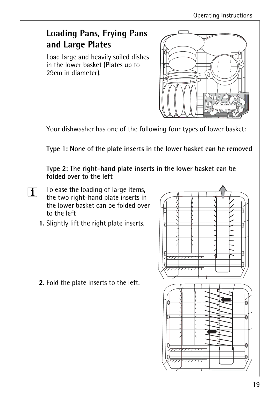 AEG 40740 manual Loading Pans, Frying Pans Large Plates, Folded over to the left, To ease the loading of large items 