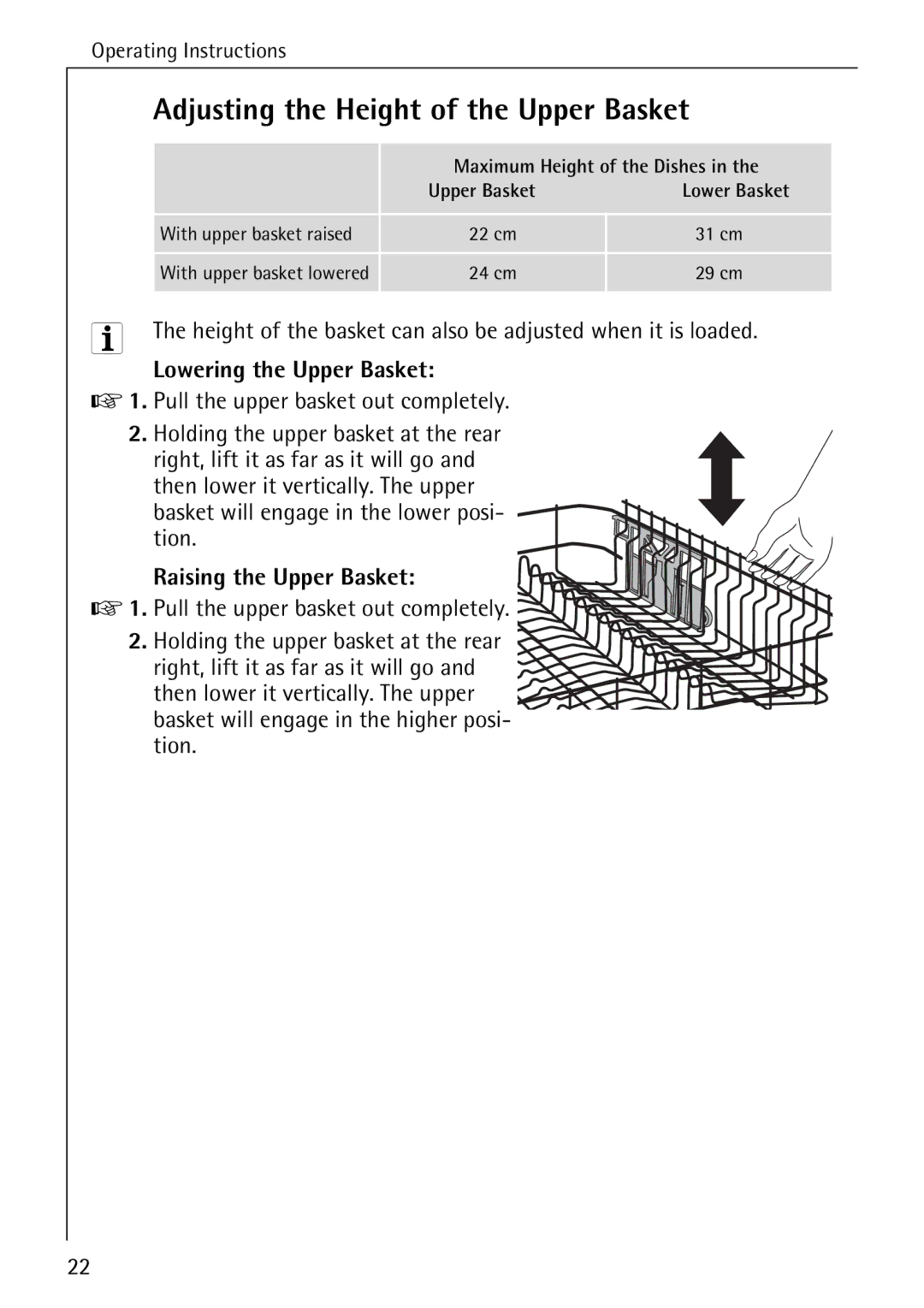 AEG 40740 manual Adjusting the Height of the Upper Basket, Lowering the Upper Basket, Raising the Upper Basket 