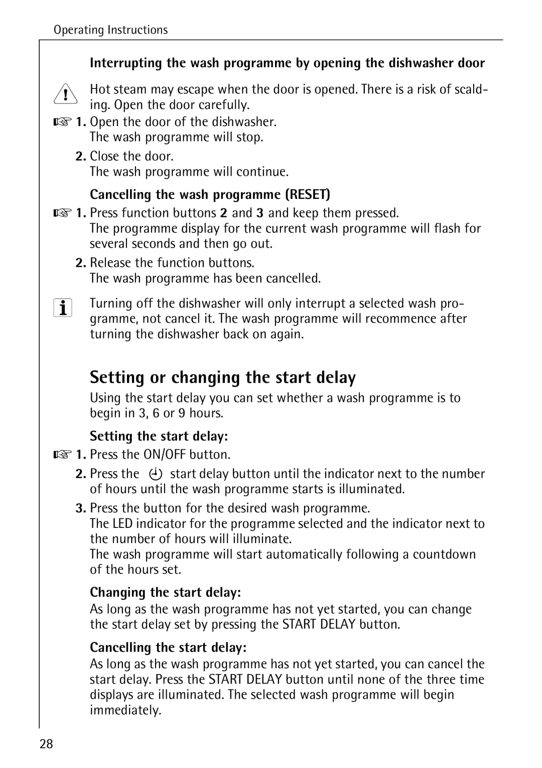 AEG 40740 manual Setting or changing the start delay, Cancelling the wash programme Reset, Setting the start delay 