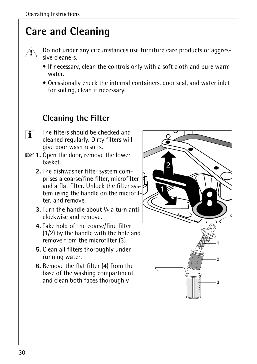 AEG 40740 manual Care and Cleaning, Cleaning the Filter 