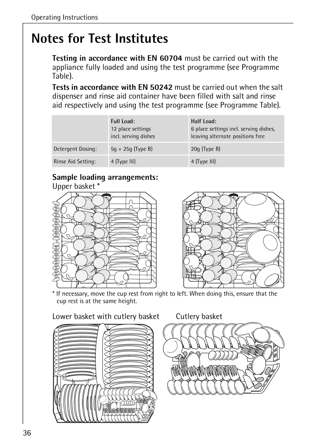 AEG 40740 manual Sample loading arrangements, Upper basket, Lower basket with cutlery basket 