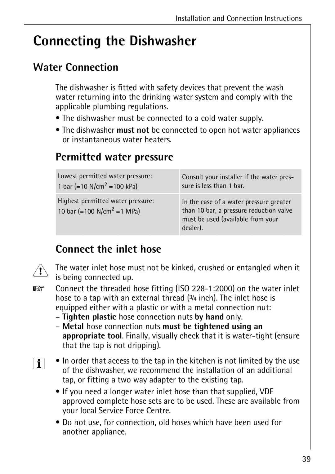 AEG 40740 manual Connecting the Dishwasher, Water Connection, Permitted water pressure, Connect the inlet hose 