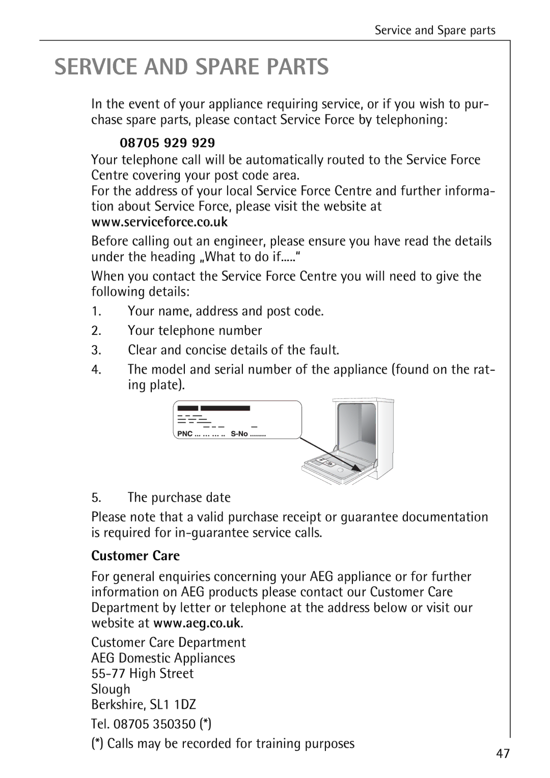 AEG 40740 manual 08705 929, Customer Care, Calls may be recorded for training purposes 