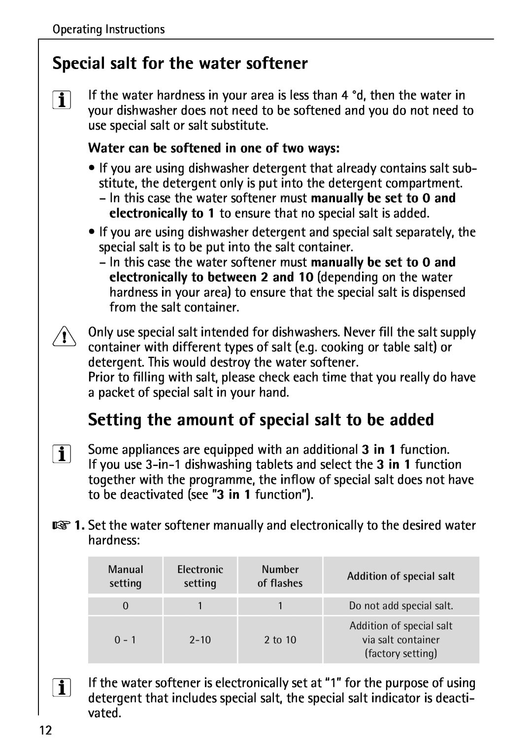 AEG 40740 manual Special salt for the water softener, Setting the amount of special salt to be added 