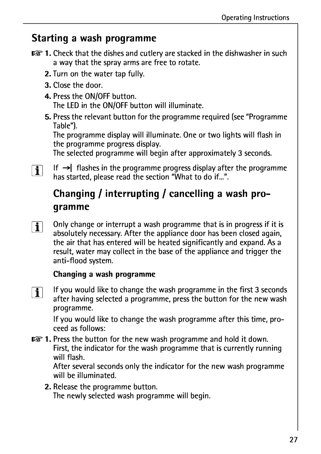 AEG 40740 manual Starting a wash programme, Changing / interrupting / cancelling a wash pro, Changing a wash programme 