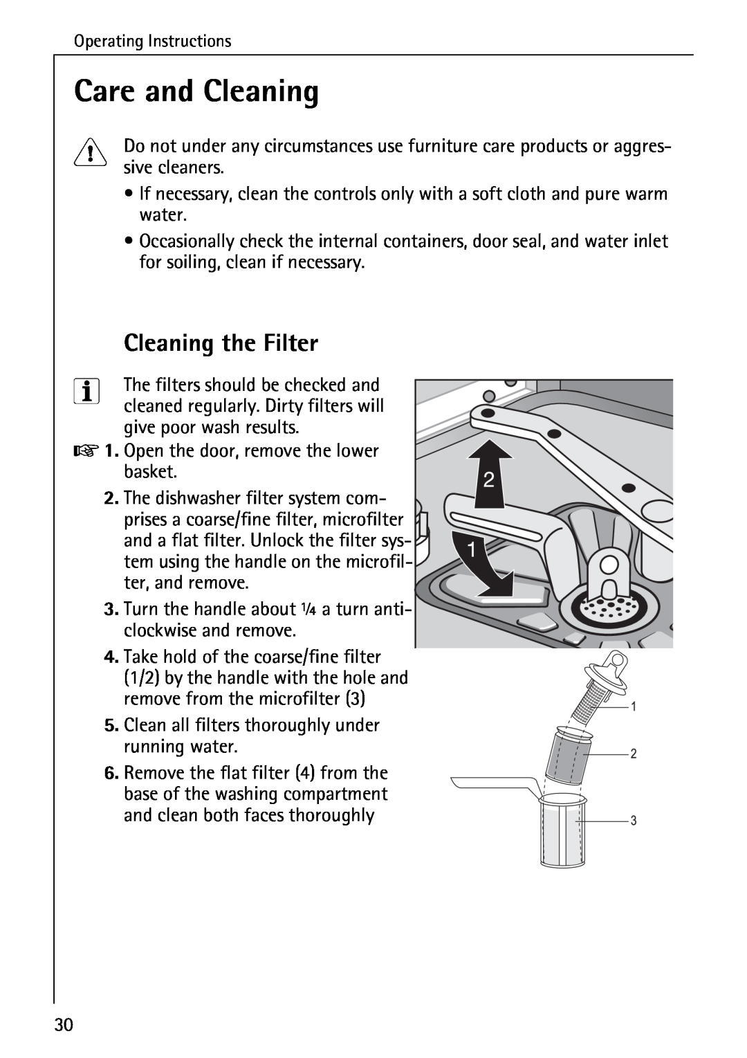 AEG 40740 manual Care and Cleaning, Cleaning the Filter 