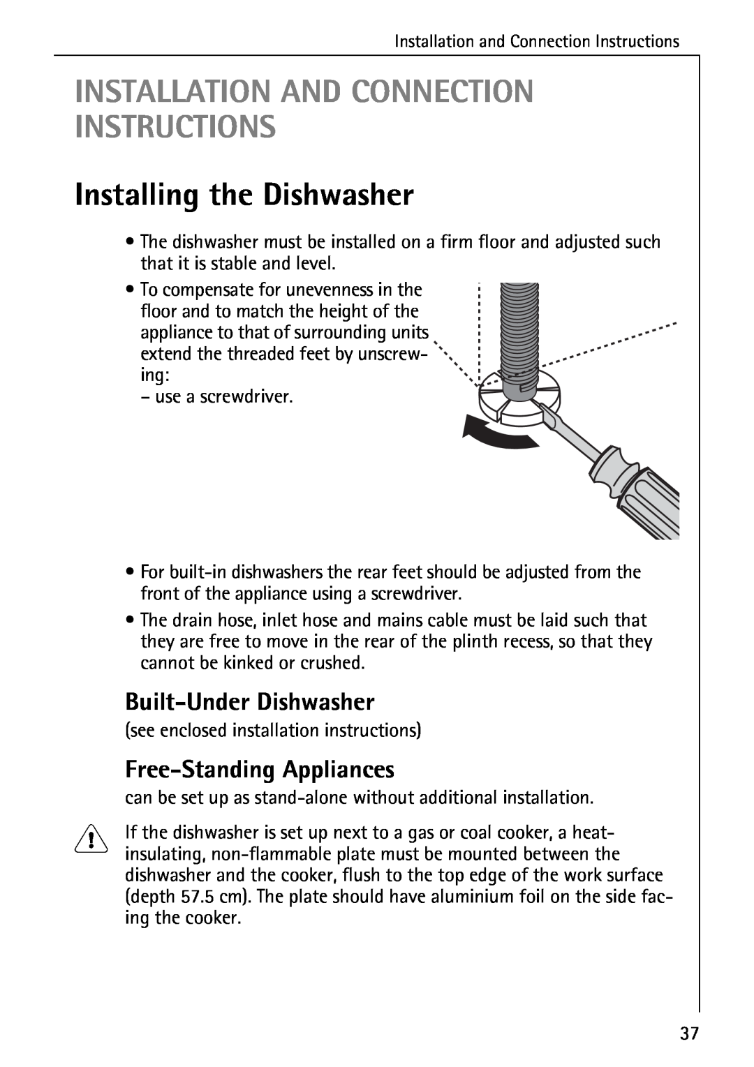 AEG 40740 manual Installation And Connection Instructions, Installing the Dishwasher, Built-Under Dishwasher 
