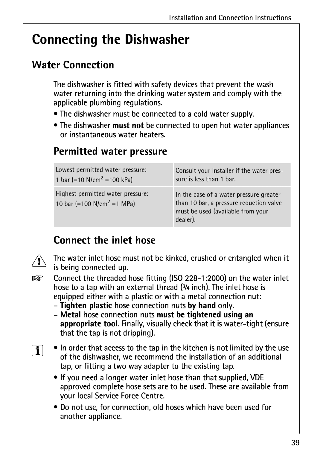 AEG 40740 manual Connecting the Dishwasher, Water Connection, Permitted water pressure, Connect the inlet hose 