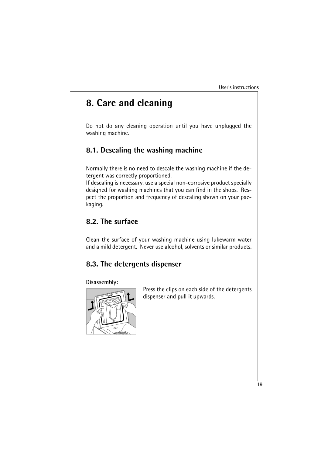 AEG 40810, 40820 manual Care and cleaning, Descaling the washing machine, Surface 