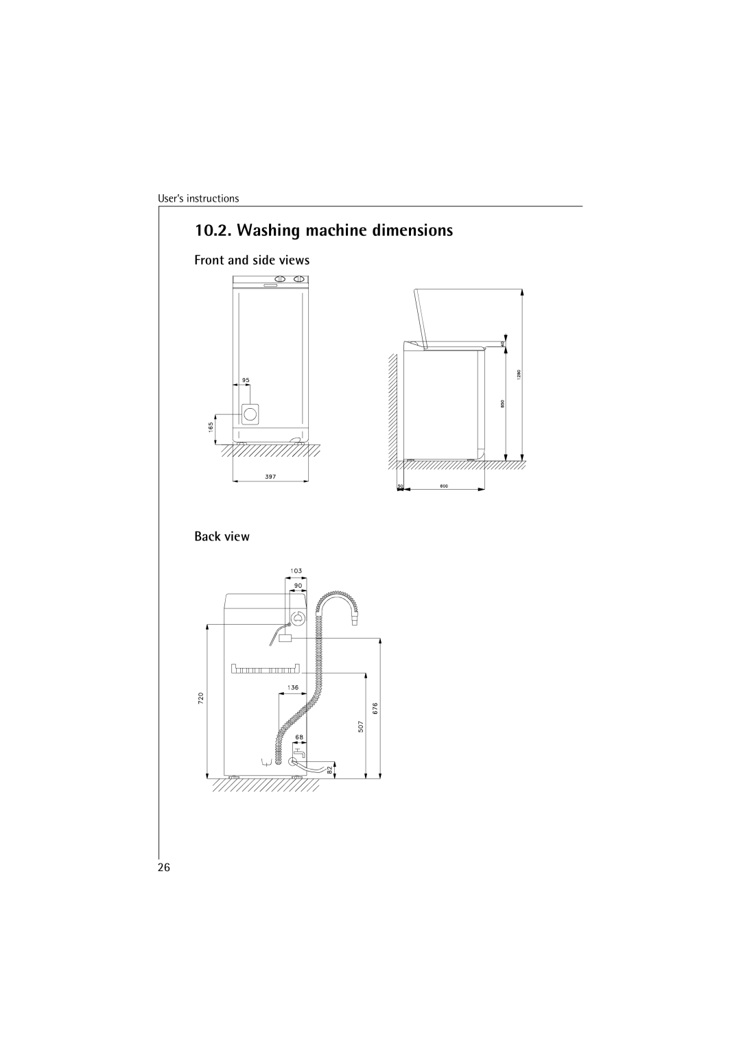 AEG 40820, 40810 manual Washing machine dimensions 