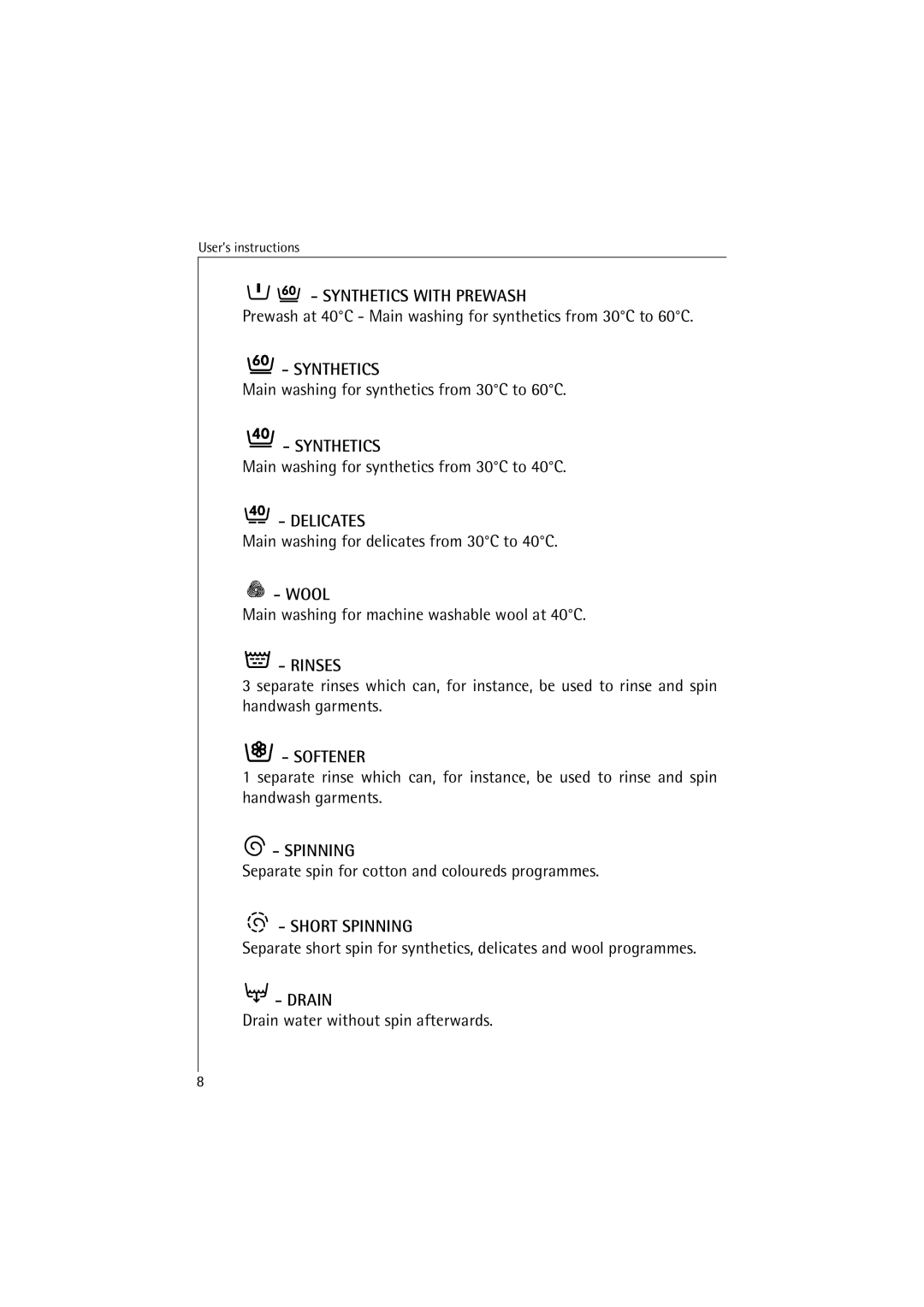 AEG 40820, 40810 Prewash at 40C Main washing for synthetics from 30C to 60C, Main washing for synthetics from 30C to 40C 