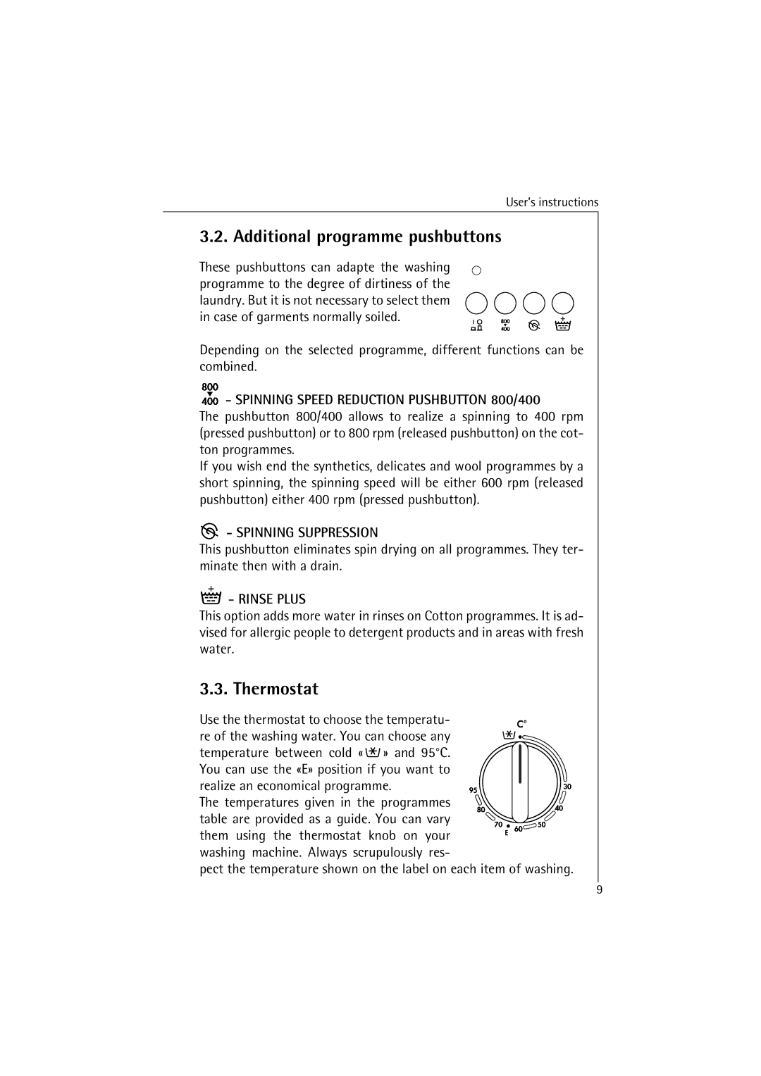 AEG 40810, 40820 manual Additional programme pushbuttons, Thermostat 