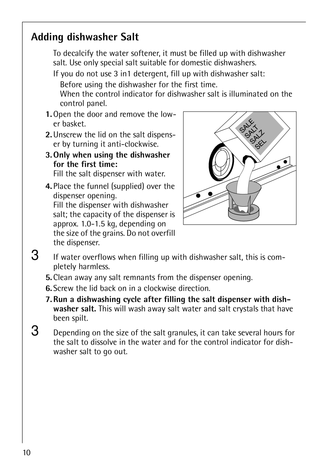 AEG 40850 manual Adding dishwasher Salt, Only when using the dishwasher for the first time 