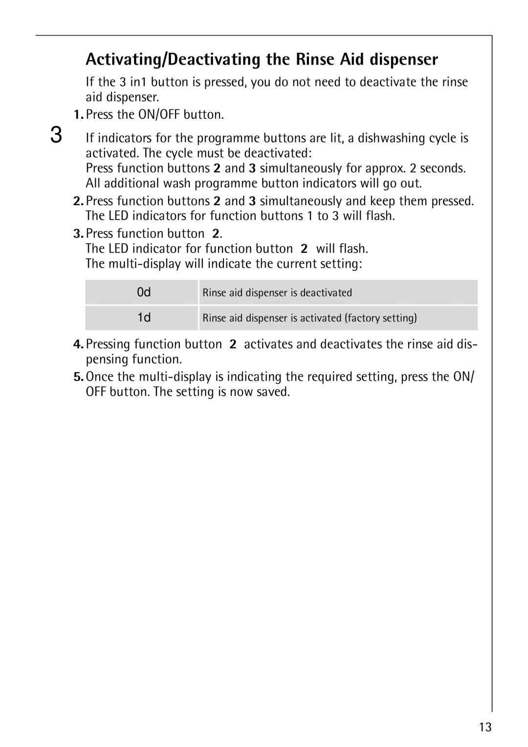 AEG 40850 manual Activating/Deactivating the Rinse Aid dispenser 