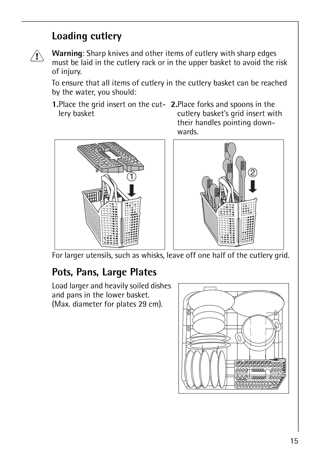 AEG 40850 manual Loading cutlery, Pots, Pans, Large Plates 