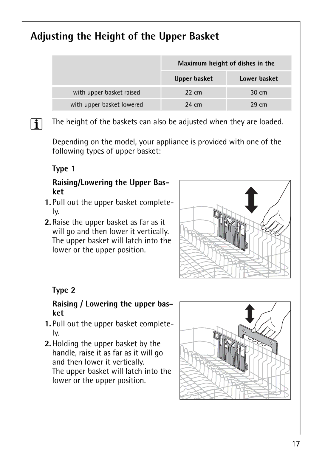 AEG 40850 manual Adjusting the Height of the Upper Basket, Type Raising/Lowering the Upper Bas- ket 