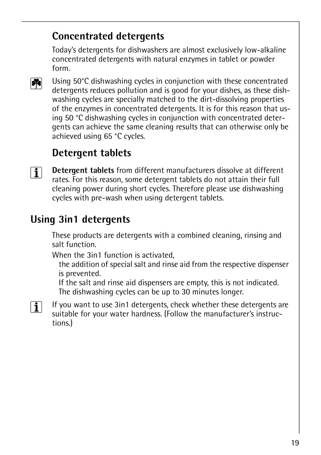 AEG 40850 manual Concentrated detergents, Detergent tablets, Using 3in1 detergents 