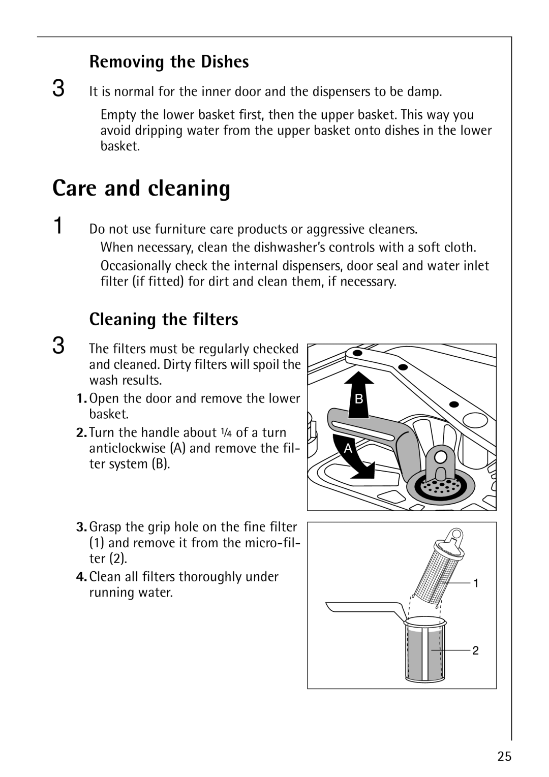 AEG 40850 manual Care and cleaning, Removing the Dishes, Cleaning the filters 