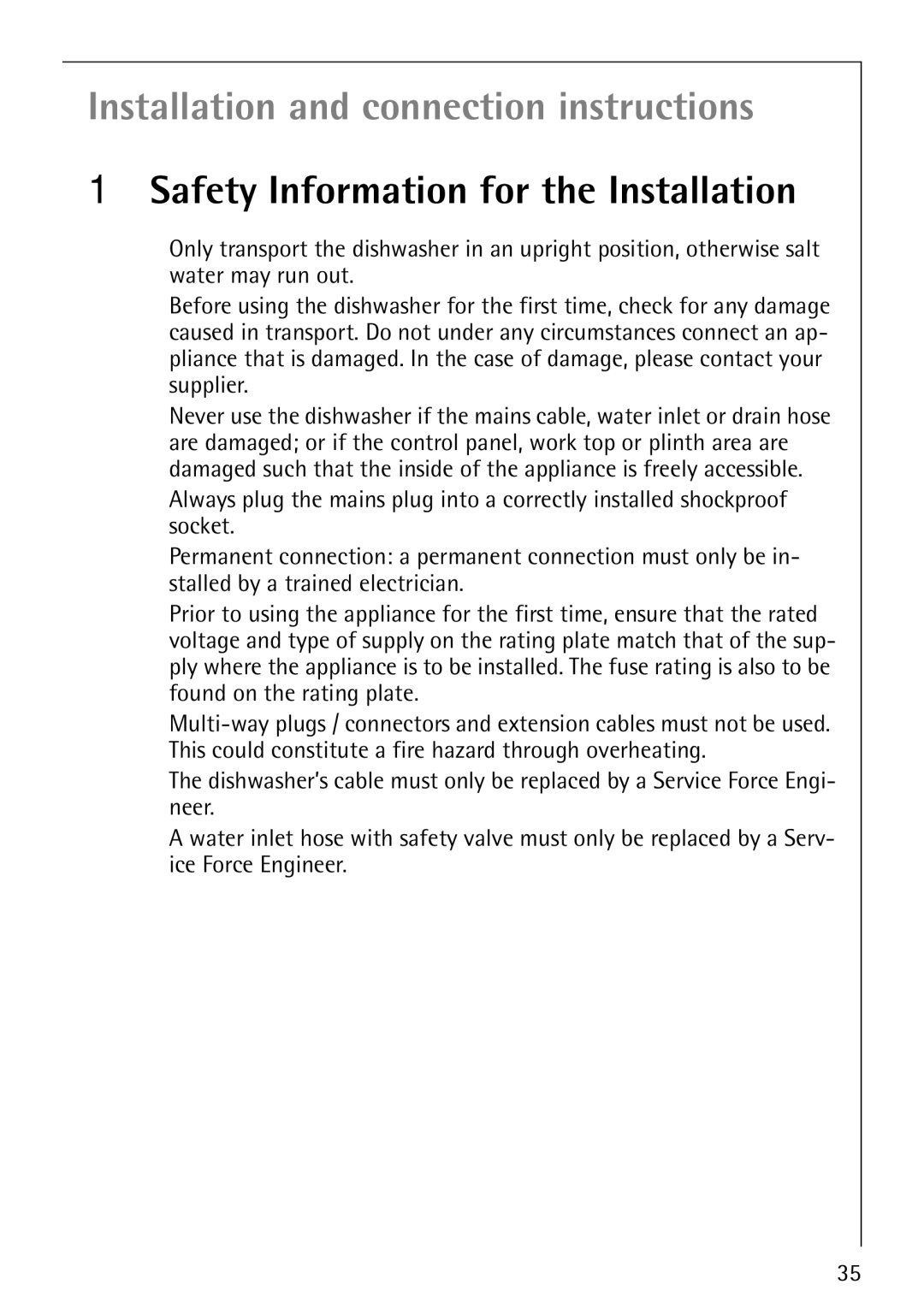 AEG 40850 manual Installation and connection instructions, Safety Information for the Installation 