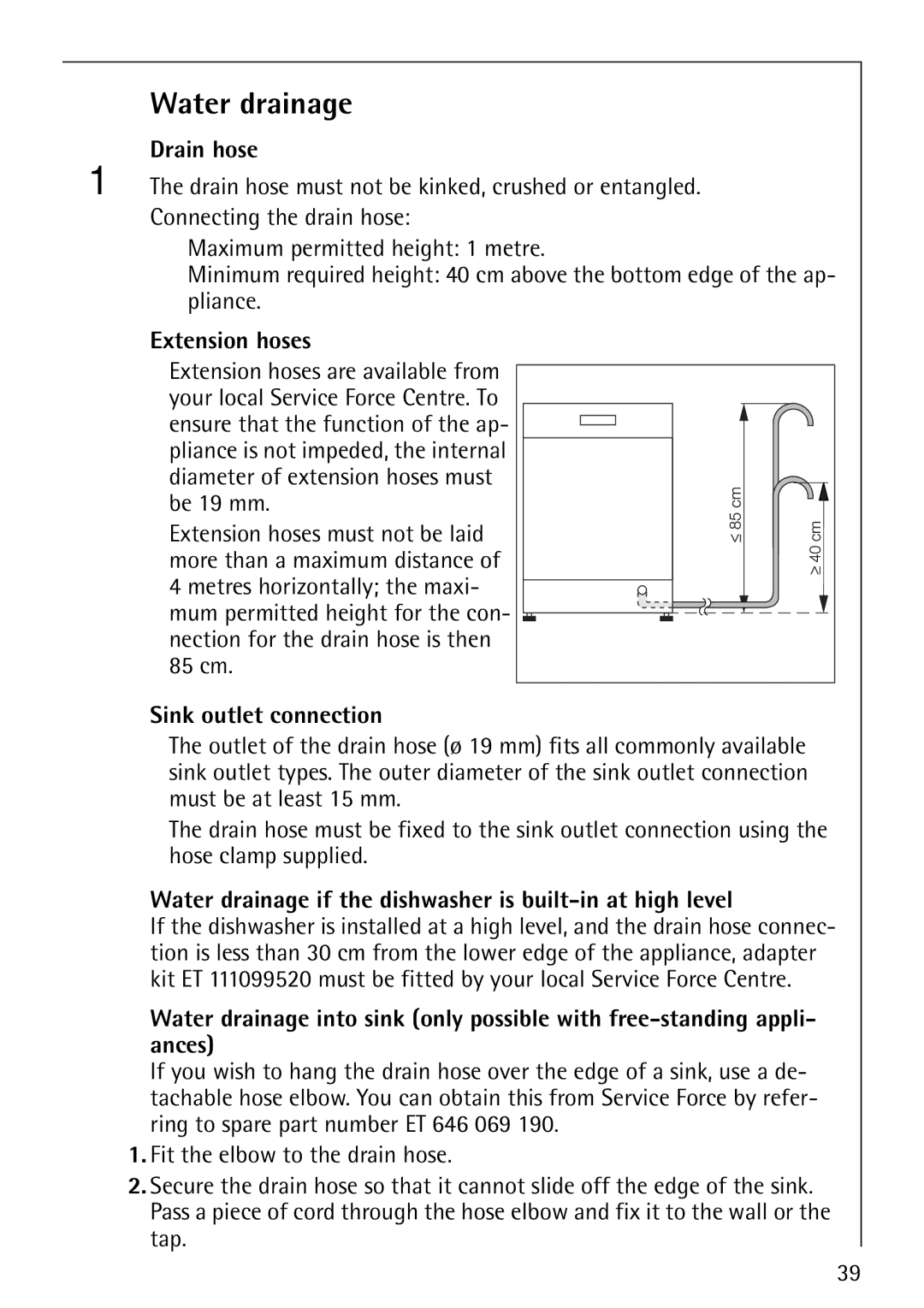 AEG 40850 manual Water drainage, Drain hose, Extension hoses, Sink outlet connection 