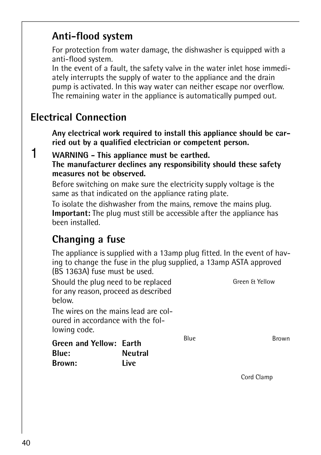 AEG 40850 manual Anti-flood system, Electrical Connection, Changing a fuse, Green and Yellow Earth BlueNeutral BrownLive 