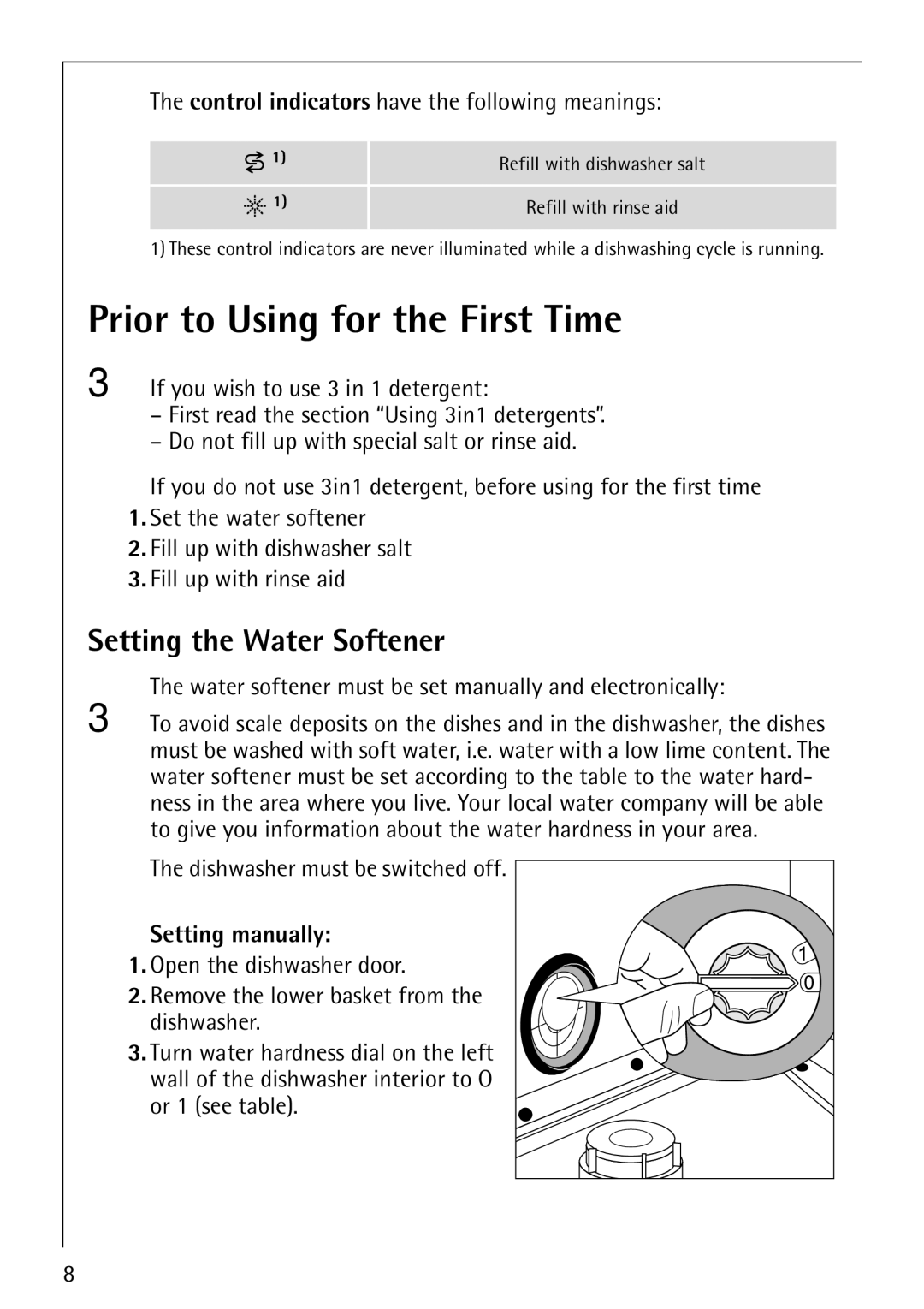 AEG 40850 Prior to Using for the First Time, Setting the Water Softener, Setting manually 